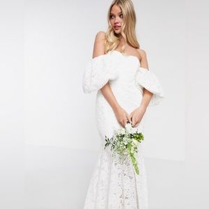 ASOS EDITION Chelsea off
shoulder lace wedding dress